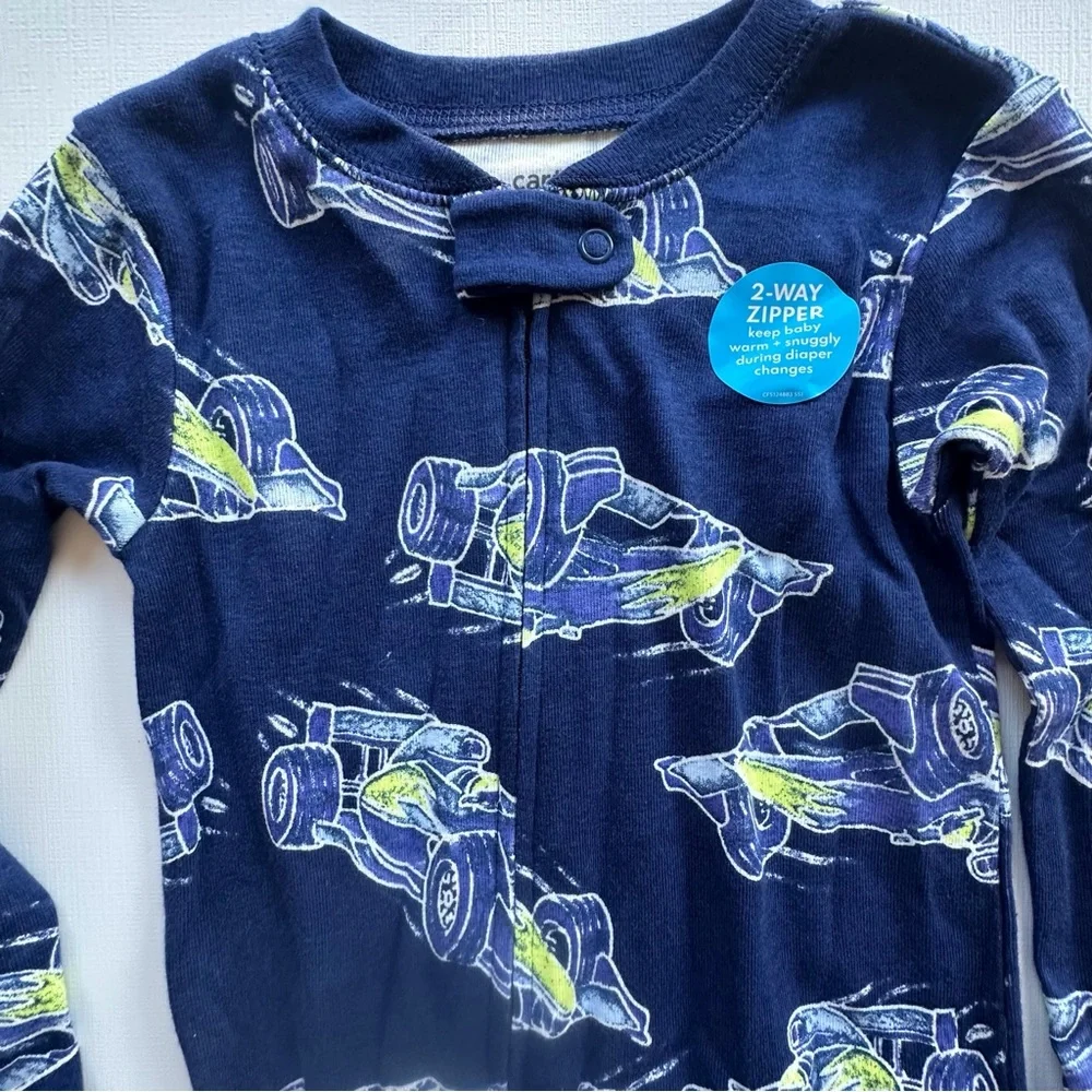 Carters 2‎ way zipper footed sleeper baby toddler boy 24 mo blue race cars NWT